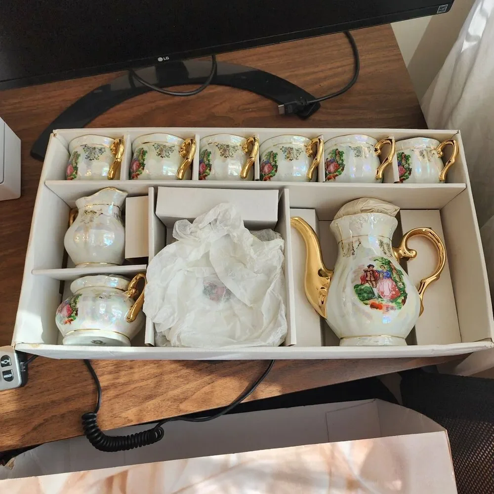 IMPERIAL GIFT 17 PIECE coffee set Fine Porcelein Victorian inspired New Box